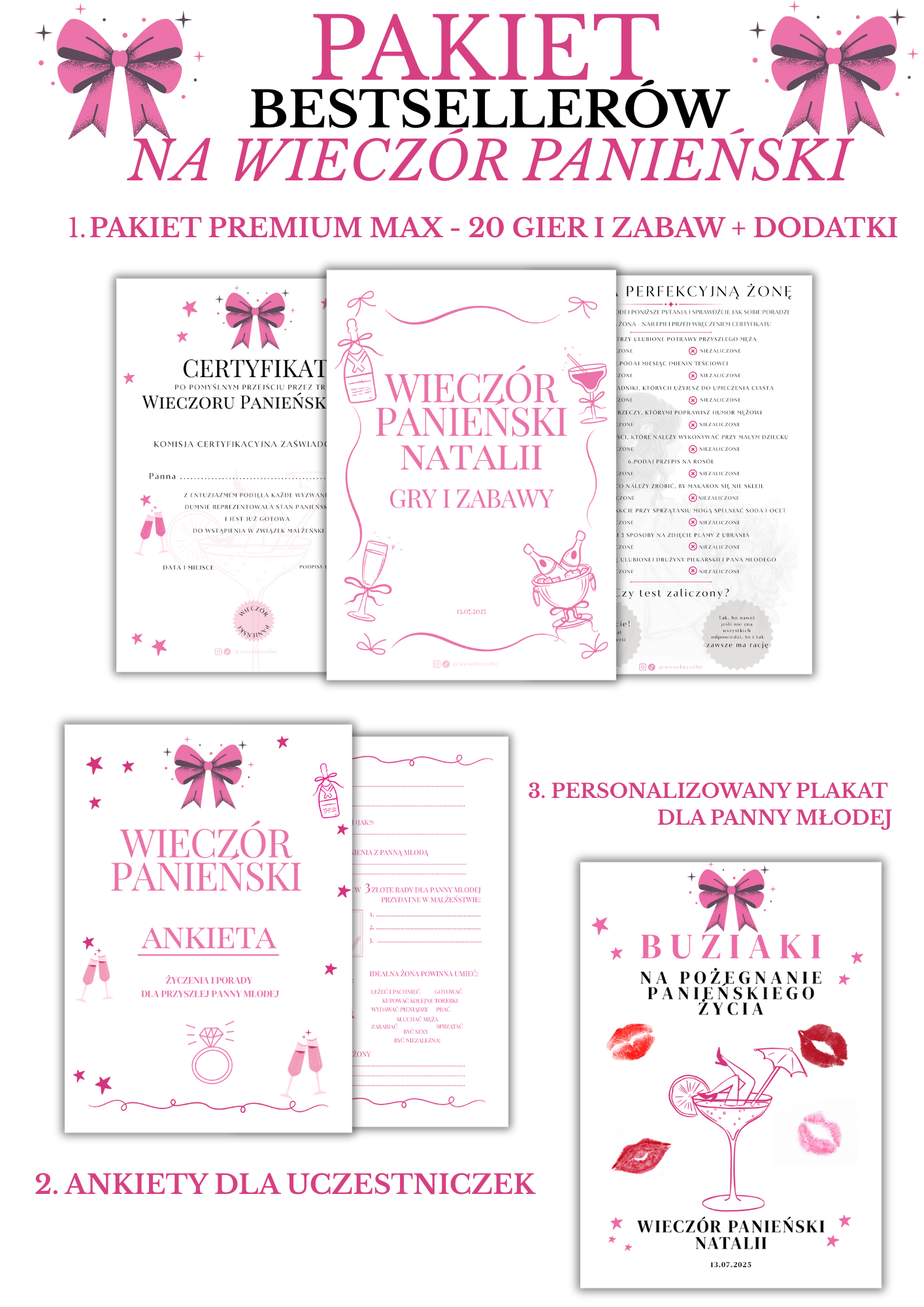 PAKIET BESTSELLERÓW NA PANIEŃSKI: 20 Gier i Zabaw + Ankiety dla Uczestniczek + Plakat dla Panny Młodej PRODUKT FIZYCZNY
