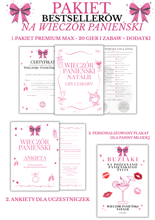 PAKIET BESTSELLERÓW NA PANIEŃSKI: 20 Gier i Zabaw + Ankiety dla Uczestniczek + Plakat dla Panny Młodej PRODUKT FIZYCZNY