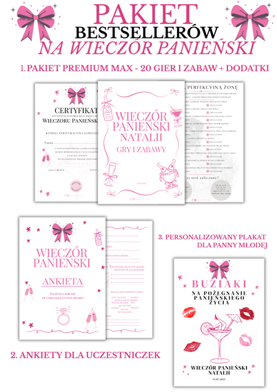 PAKIET BESTSELLERÓW NA PANIEŃSKI: 20 Gier i Zabaw + Ankiety dla Uczestniczek + Plakat dla Panny Młodej PRODUKT FIZYCZNY - Weselny Vibe