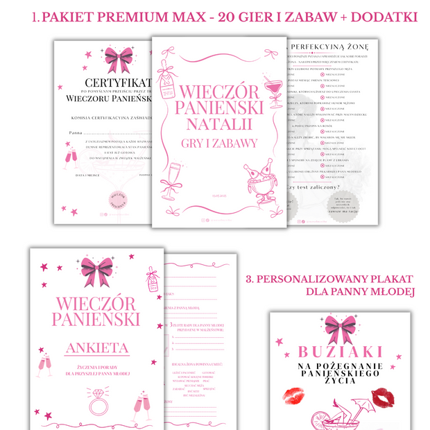 PAKIET BESTSELLERÓW NA PANIEŃSKI: 20 Gier i Zabaw + Ankiety dla Uczestniczek + Plakat dla Panny Młodej PRODUKT FIZYCZNY