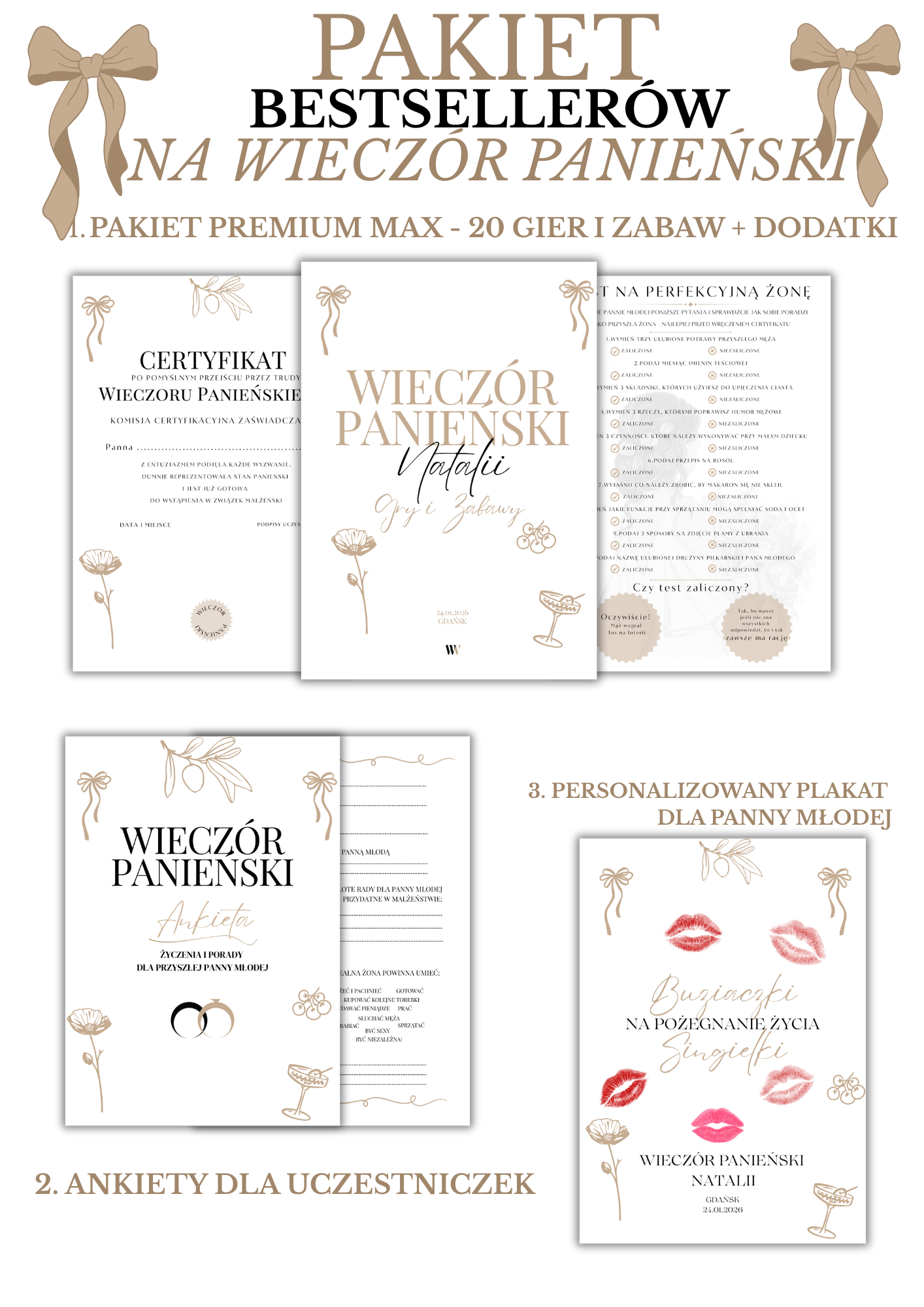 PAKIET BESTSELLERÓW NA PANIEŃSKI: 20 Gier i Zabaw + Ankiety dla Uczestniczek + Plakat dla Panny Młodej PRODUKT FIZYCZNY