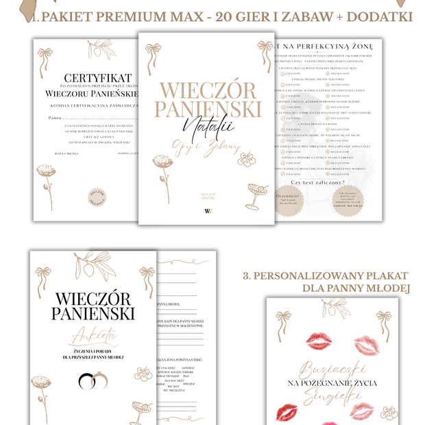 PAKIET BESTSELLERÓW NA PANIEŃSKI: 20 Gier i Zabaw + Ankiety dla Uczestniczek + Plakat dla Panny Młodej PRODUKT CYFROWY
