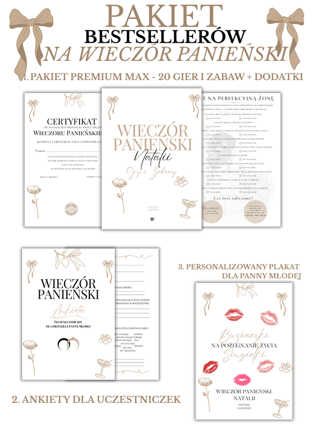 PAKIET BESTSELLERÓW NA PANIEŃSKI: 20 Gier i Zabaw + Ankiety dla Uczestniczek + Plakat dla Panny Młodej PRODUKT CYFROWY - Weselny Vibe