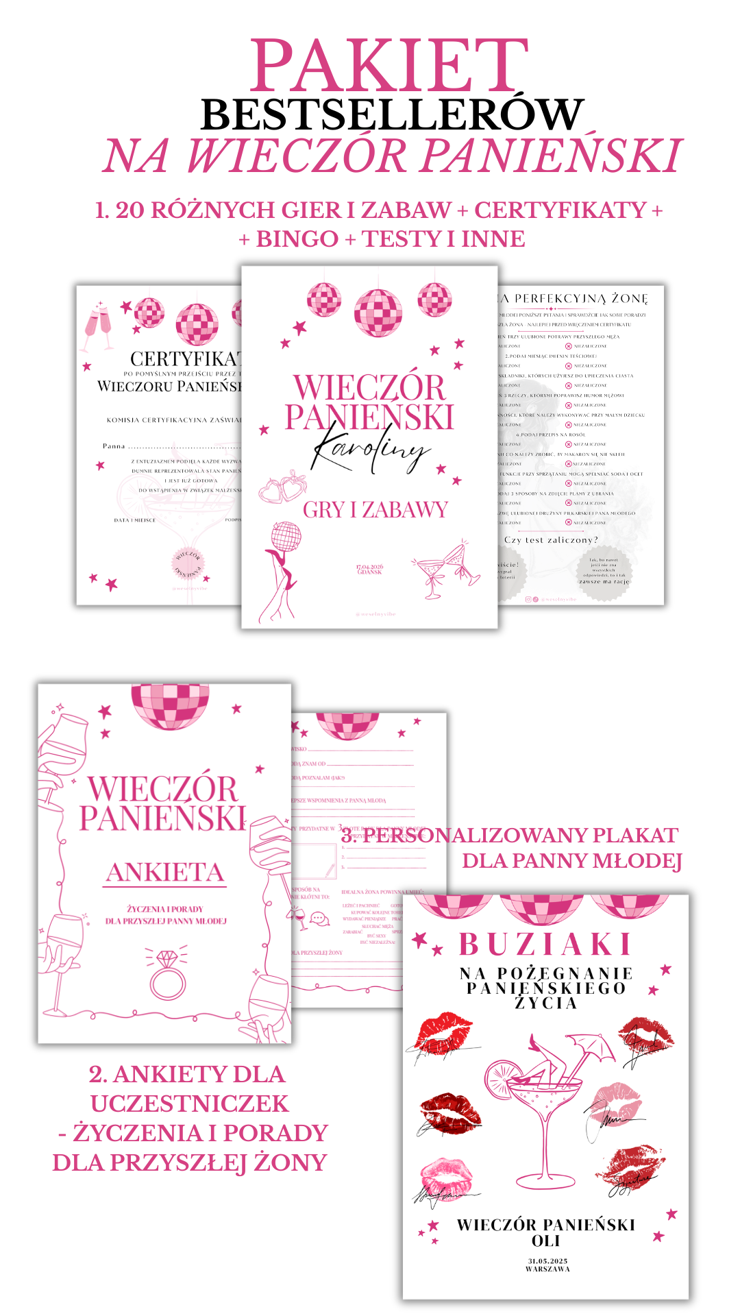 PAKIET BESTSELLERÓW NA PANIEŃSKI: 20 Gier i Zabaw + Ankiety dla Uczestniczek + Plakat dla Panny Młodej PRODUKT FIZYCZNY - Weselny Vibe