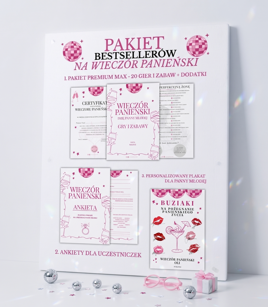 PAKIET BESTSELLERÓW NA PANIEŃSKI: 20 Gier i Zabaw + Ankiety dla Uczestniczek + Plakat dla Panny Młodej PRODUKT CYFROWY - Weselny Vibe