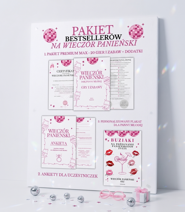 PAKIET BESTSELLERÓW NA PANIEŃSKI: 20 Gier i Zabaw + Ankiety dla Uczestniczek + Plakat dla Panny Młodej PRODUKT CYFROWY - Weselny Vibe