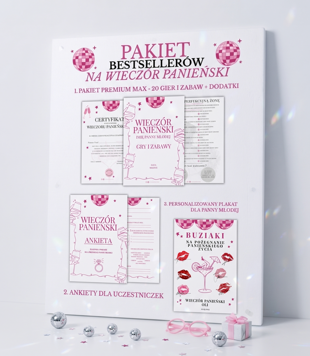 PAKIET BESTSELLERÓW NA PANIEŃSKI: 20 Gier i Zabaw + Ankiety dla Uczestniczek + Plakat dla Panny Młodej PRODUKT CYFROWY - Weselny Vibe