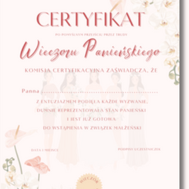 Certyfikat Wieczoru Panieńskiego dla Panny Młodej w wersji PDF