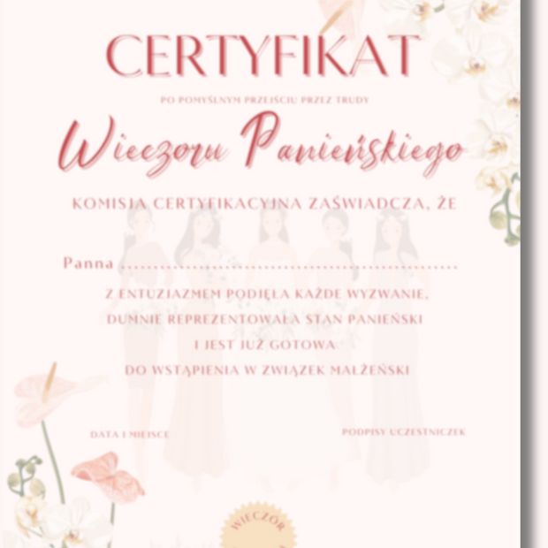 Certyfikat Wieczoru Panieńskiego dla Panny Młodej w wersji PDF