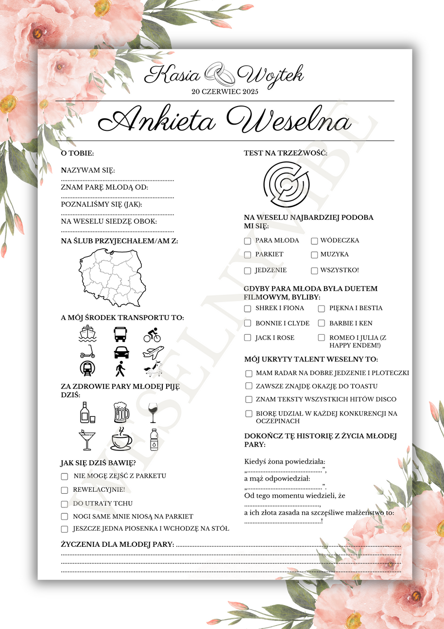 Ankieta Weselna dla Gości w wersji PDF – Różne Wersje Kolorystyczne