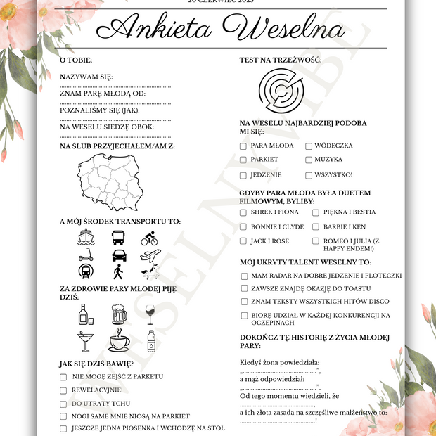 Ankieta Weselna dla Gości w wersji PDF – Różne Wersje Kolorystyczne
