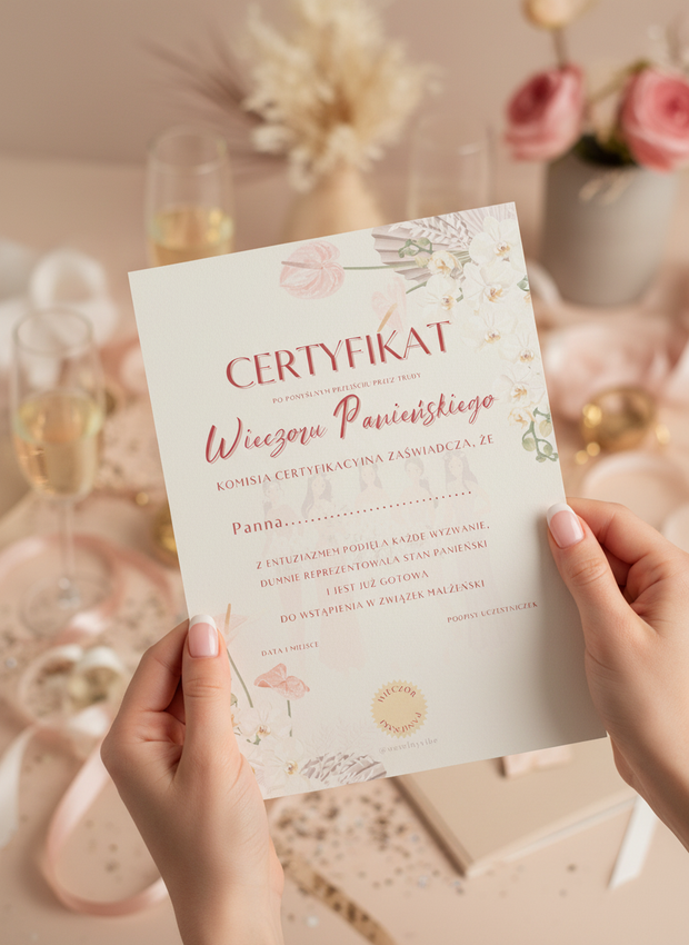 Certyfikat Wieczoru Panieńskiego dla Panny Młodej w wersji PDF - Weselny Vibe