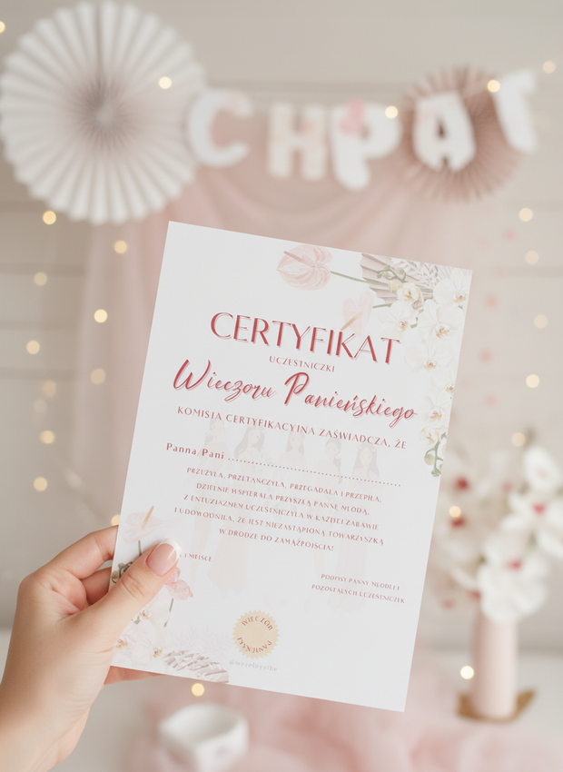 Certyfikat Wieczoru Panieńskiego dla Uczestniczki w wersji PDF - Weselny Vibe