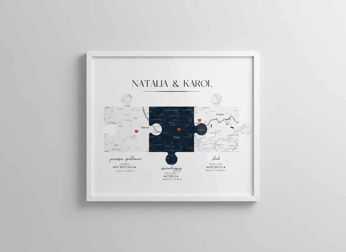 Plakat „Nasza Historia” z mapami – prezent na ślub, rocznicę, walentynki dla pary