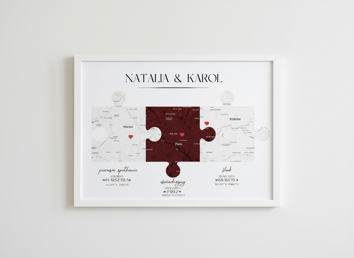 Plakat „Nasza Historia” z mapami – prezent na ślub, rocznicę, walentynki dla pary
