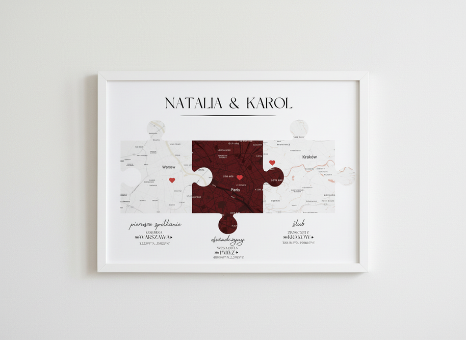 Plakat „Nasza Historia” z mapami – prezent na ślub, rocznicę, walentynki dla pary