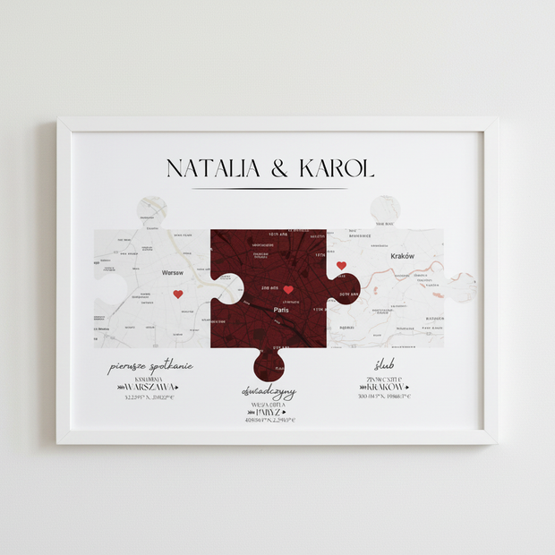 Plakat „Nasza Historia” z mapami – prezent na ślub, rocznicę, walentynki dla pary