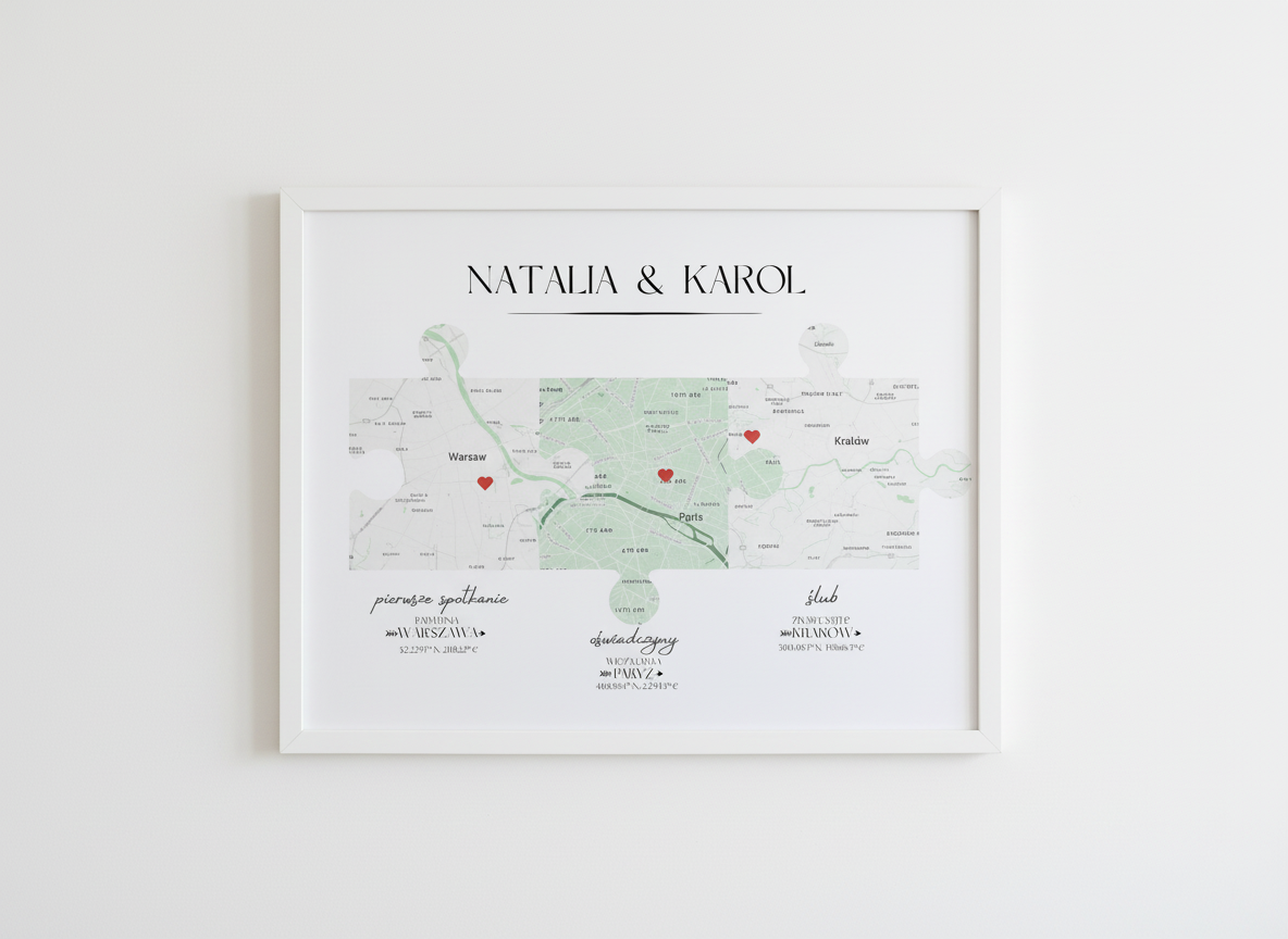 Plakat „Nasza Historia” z mapami – prezent na ślub, rocznicę, walentynki dla pary