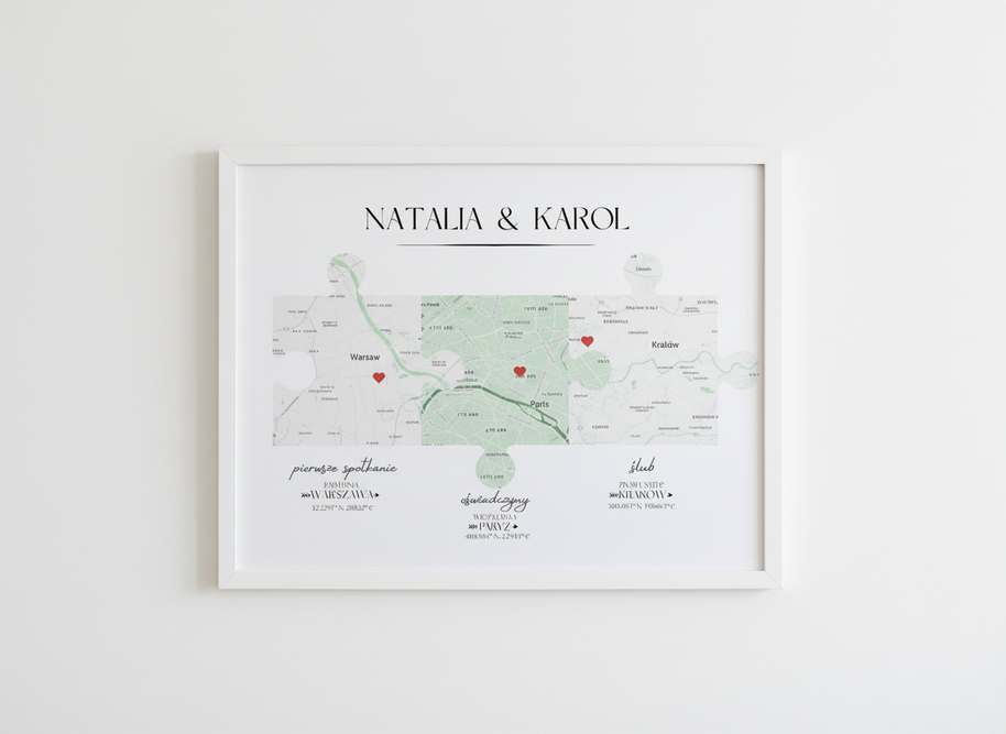 Plakat „Nasza Historia” z mapami – prezent na ślub, rocznicę, walentynki dla pary