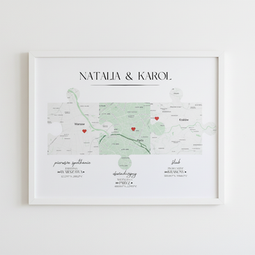 Plakat „Nasza Historia” z mapami – prezent na ślub, rocznicę, walentynki dla pary