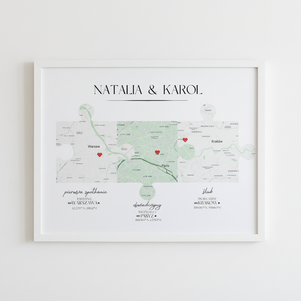 Plakat „Nasza Historia” z mapami – prezent na ślub, rocznicę, walentynki dla pary