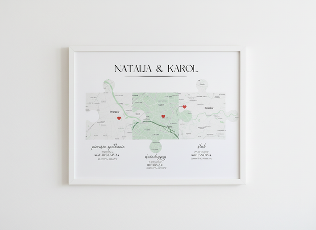 Plakat „Nasza Historia” z mapami – prezent na ślub, rocznicę, walentynki dla pary - Weselny Vibe