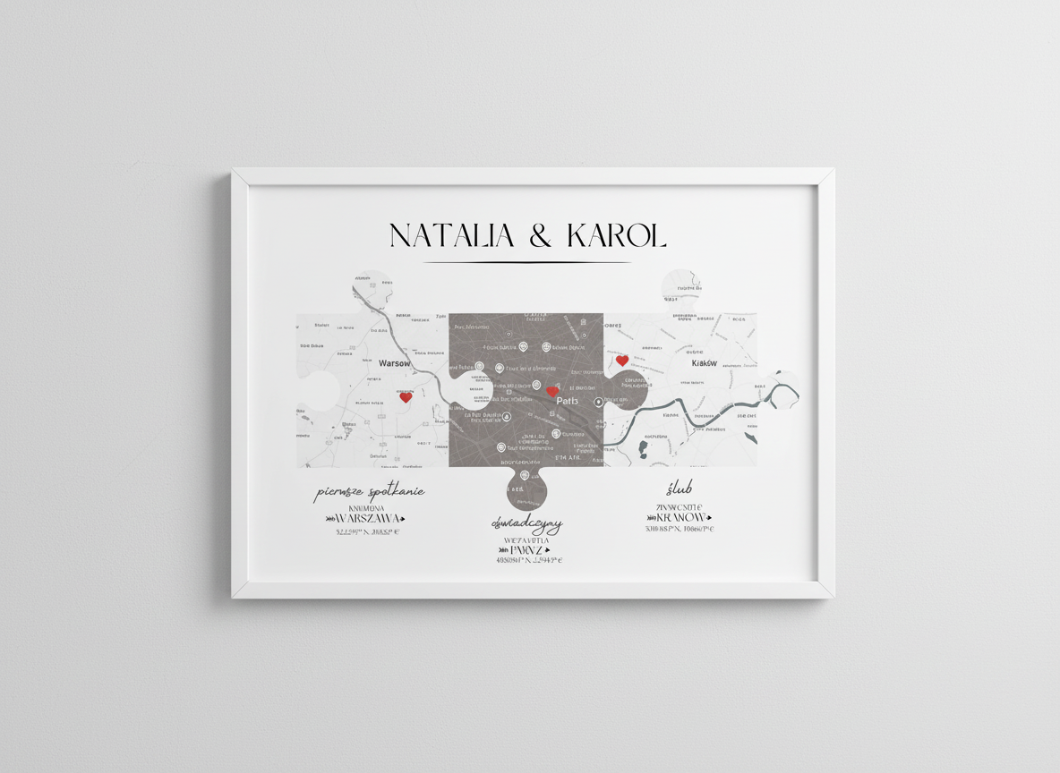 Plakat „Nasza Historia” z mapami – prezent na ślub, rocznicę, walentynki dla pary