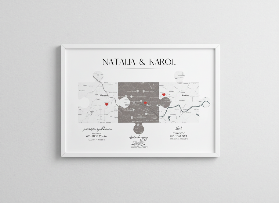 Plakat „Nasza Historia” z mapami – prezent na ślub, rocznicę, walentynki dla pary