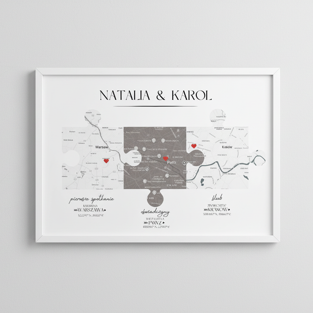 Plakat „Nasza Historia” z mapami – prezent na ślub, rocznicę, walentynki dla pary