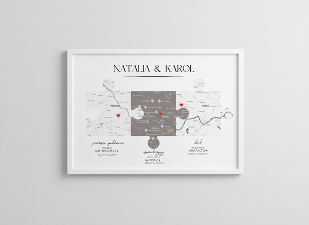 Plakat „Nasza Historia” z mapami – prezent na ślub, rocznicę, walentynki dla pary - Weselny Vibe