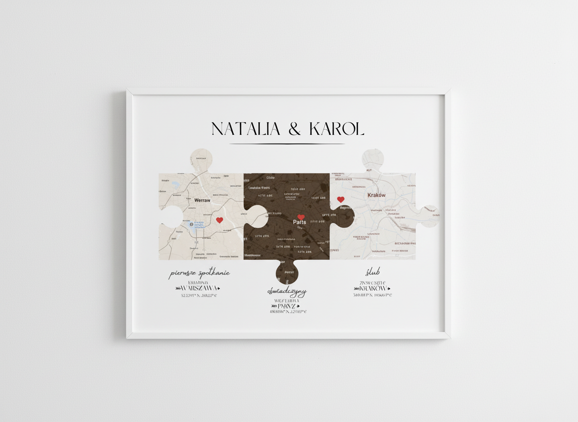 Plakat „Nasza Historia” z mapami – prezent na ślub, rocznicę, walentynki dla pary
