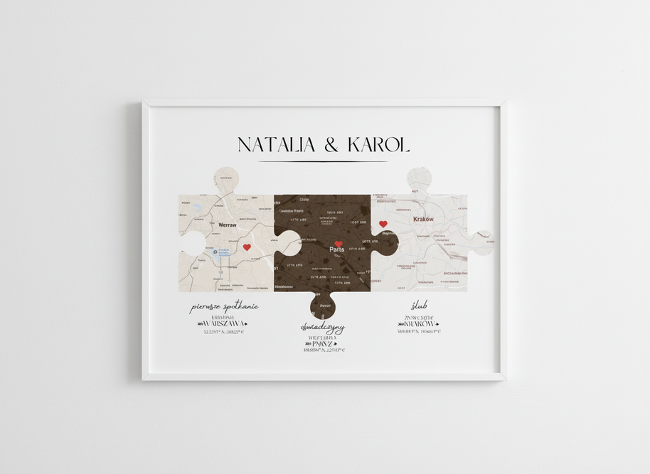 Plakat „Nasza Historia” z mapami – prezent na ślub, rocznicę, walentynki dla pary