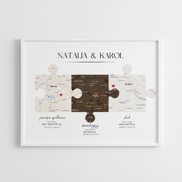 Plakat „Nasza Historia” z mapami – prezent na ślub, rocznicę, walentynki dla pary