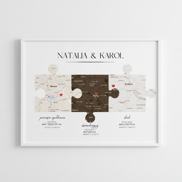 Plakat „Nasza Historia” z mapami – prezent na ślub, rocznicę, walentynki dla pary