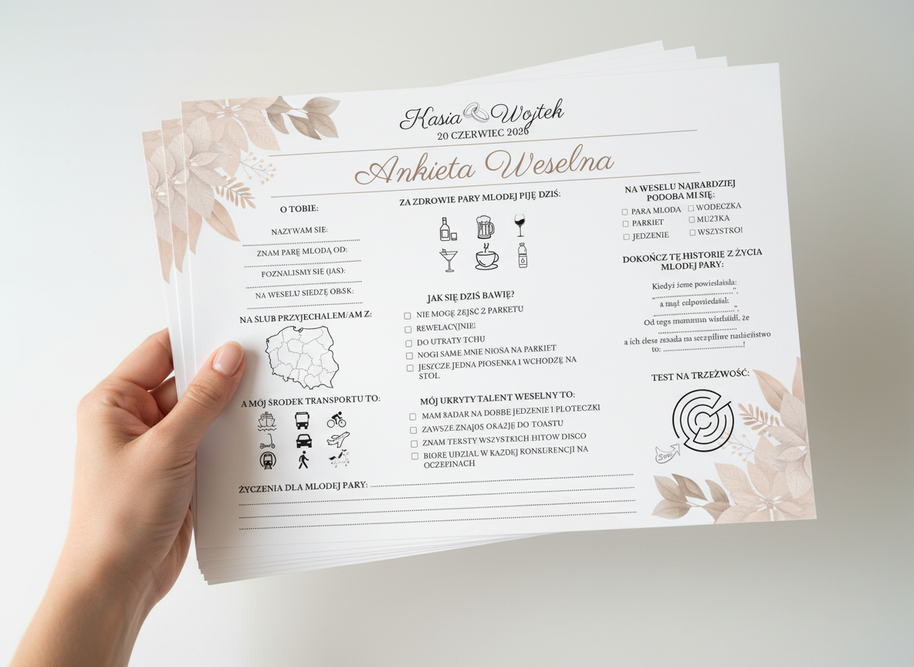 Ankiety Weselne dla Gości – Różne Wersje Kolorystyczne - PRODUKT FIZYCZNY