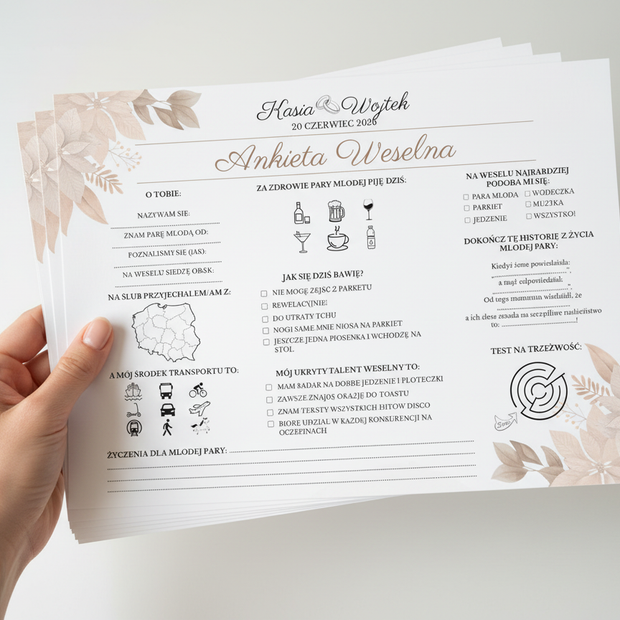 Ankiety Weselne dla Gości – Różne Wersje Kolorystyczne - PRODUKT FIZYCZNY