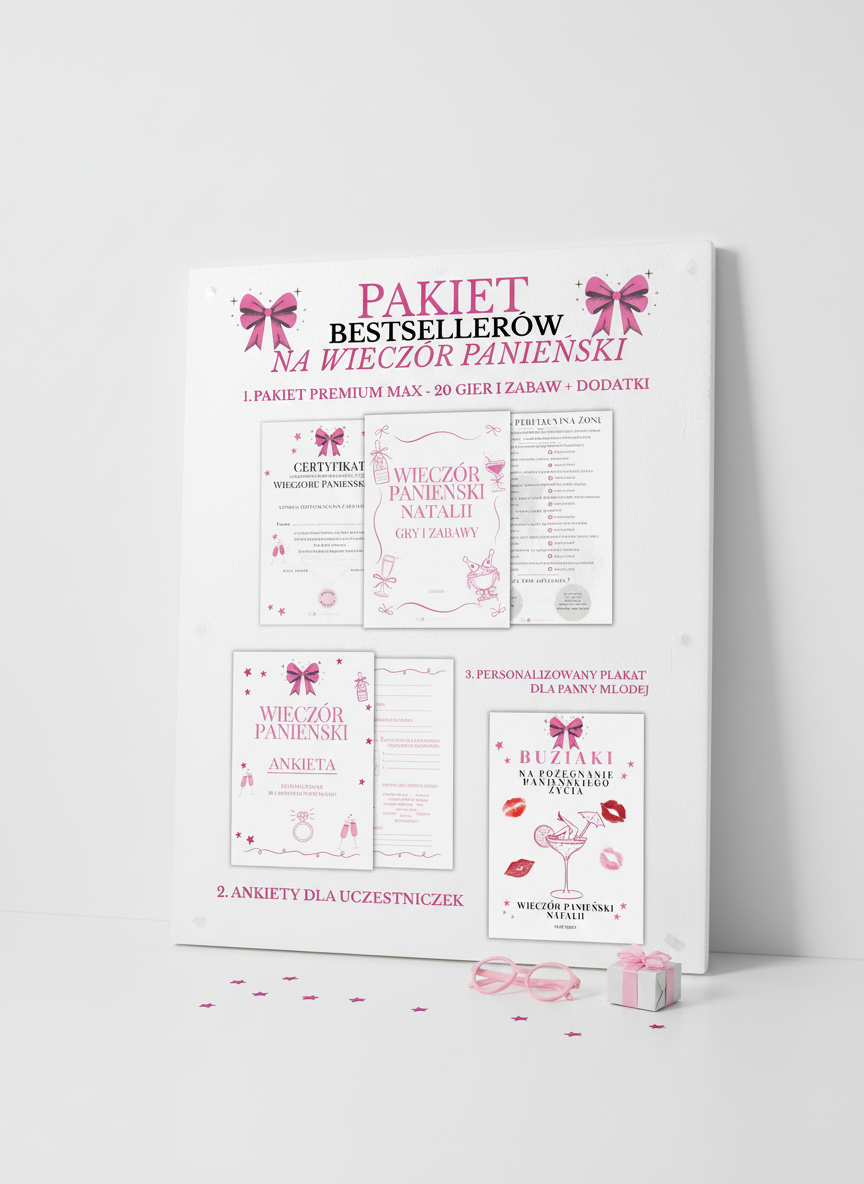 PAKIET BESTSELLERÓW NA PANIEŃSKI: 20 Gier i Zabaw + Ankiety dla Uczestniczek + Plakat dla Panny Młodej PRODUKT FIZYCZNY