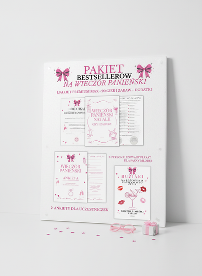PAKIET BESTSELLERÓW NA PANIEŃSKI: 20 Gier i Zabaw + Ankiety dla Uczestniczek + Plakat dla Panny Młodej PRODUKT CYFROWY - Weselny Vibe