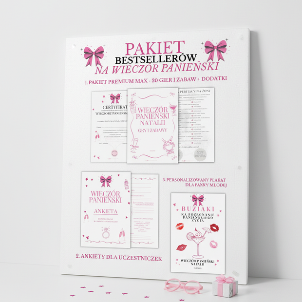 PAKIET BESTSELLERÓW NA PANIEŃSKI: 20 Gier i Zabaw + Ankiety dla Uczestniczek + Plakat dla Panny Młodej PRODUKT FIZYCZNY