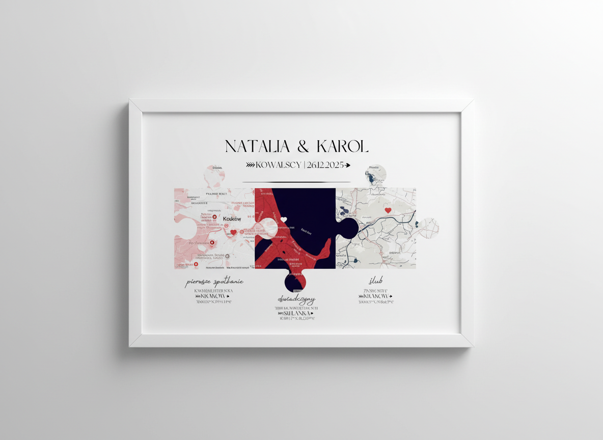 Plakat „Nasza Historia” z mapami – prezent na ślub, rocznicę, walentynki dla pary