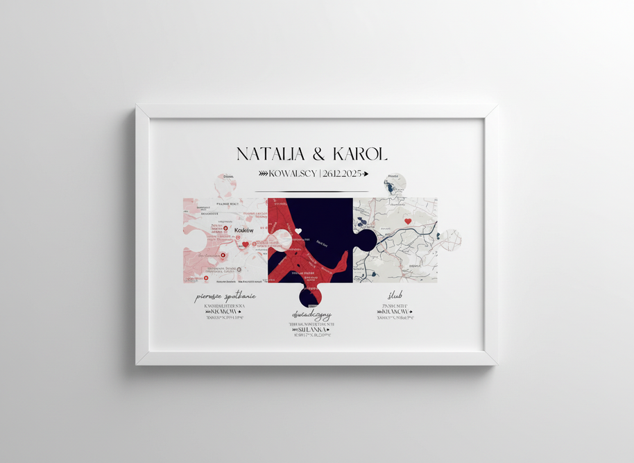 Plakat „Nasza Historia” z mapami – prezent na ślub, rocznicę, walentynki dla pary