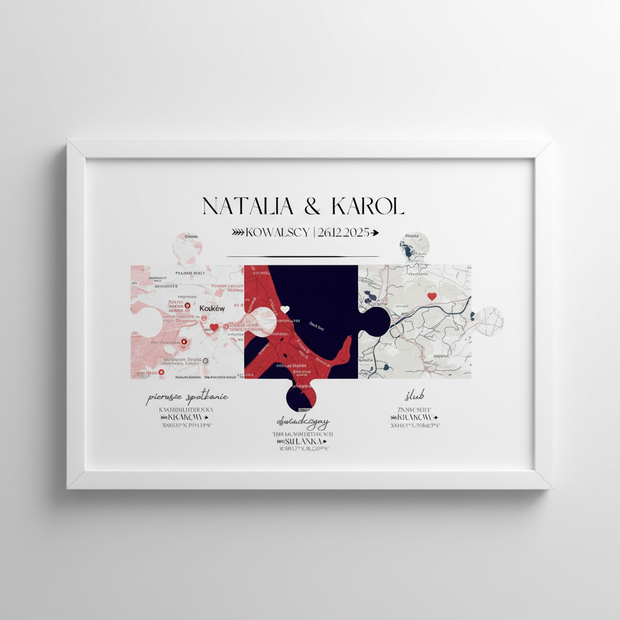 Plakat „Nasza Historia” z mapami – prezent na ślub, rocznicę, walentynki dla pary