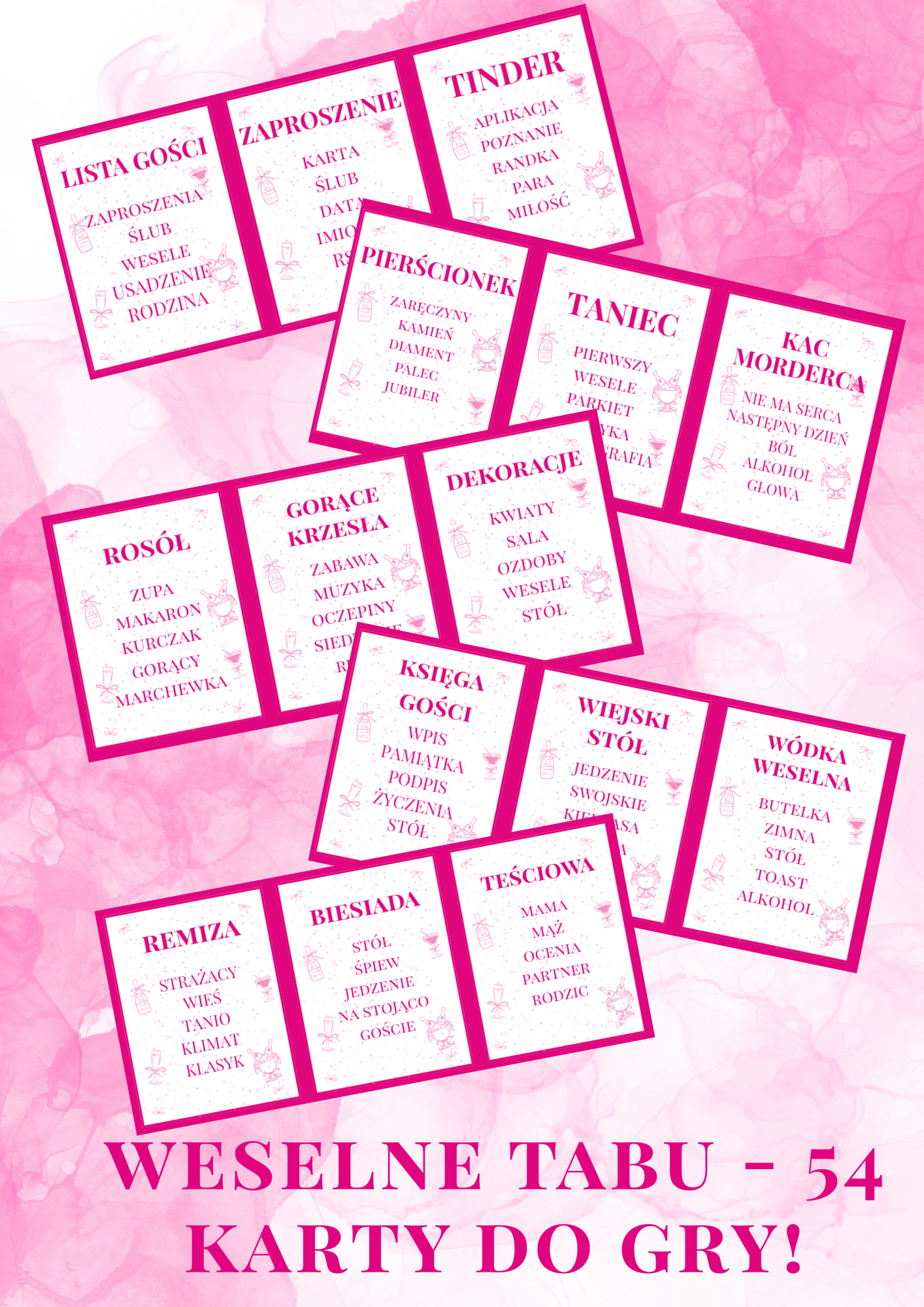 Gra na Wieczór Panieński: Weselne Tabu - 54 karty! Format cyfrowy PDF
